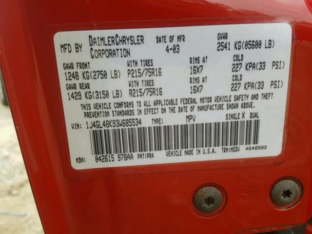 1J4GL48K93W685534 - 2003 JEEP LIBERTY SP RED photo 10