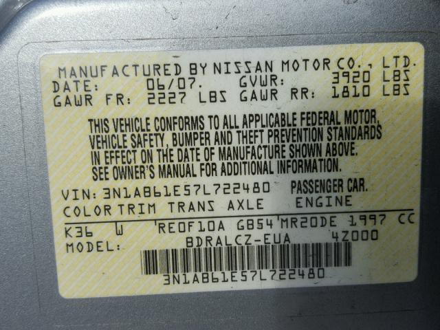 3N1AB61E57L722480 - 2007 NISSAN SENTRA 2.0 GRAY photo 10