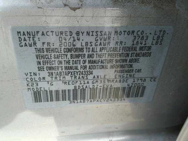 3N1AB7APXEY243334 - 2014 NISSAN SENTRA S SILVER photo 10