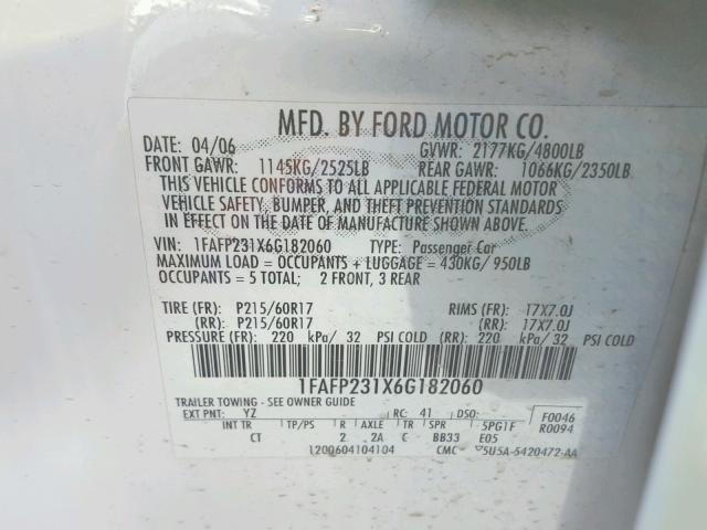 1FAFP231X6G182060 - 2006 FORD FIVE HUNDR WHITE photo 10