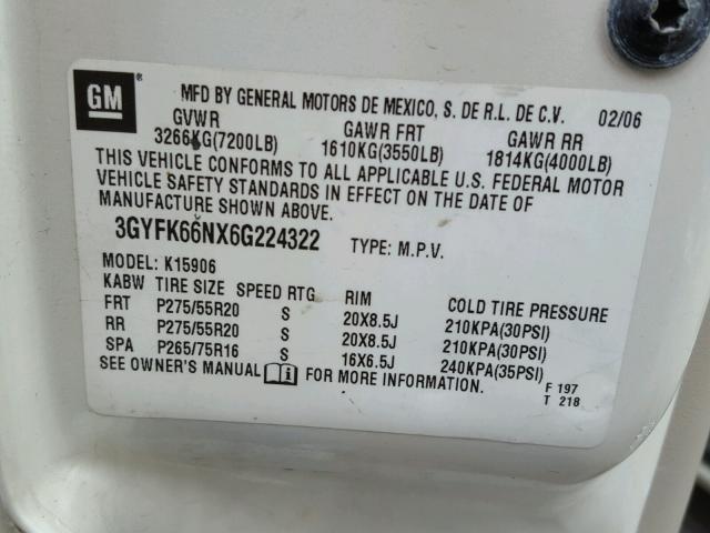 3GYFK66NX6G224322 - 2006 CADILLAC ESCALADE E WHITE photo 10