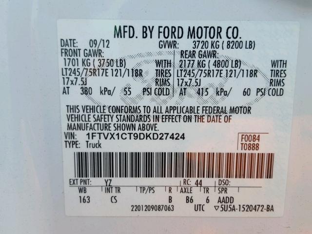 1FTVX1CT9DKD27424 - 2013 FORD F150 SUPER WHITE photo 10