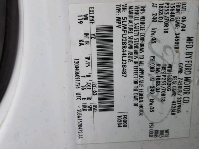 5LMFU28R44LJ38487 - 2004 LINCOLN NAVIGATOR WHITE photo 10