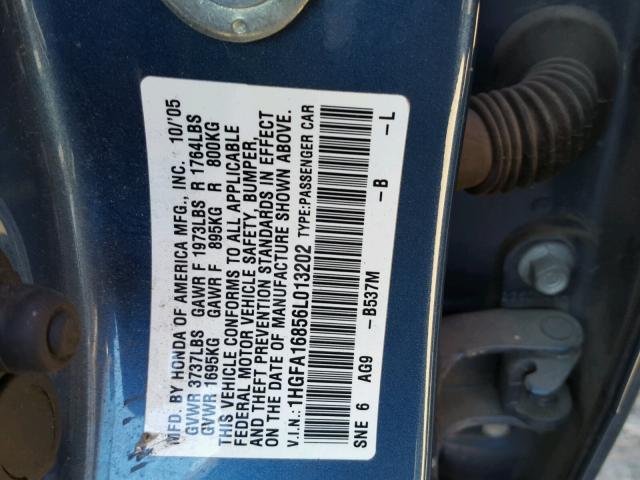 1HGFA16856L013202 - 2006 HONDA CIVIC EX BLUE photo 10