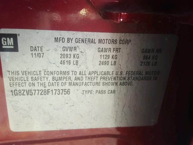 1G8ZV57728F173756 - 2008 SATURN AURA XR RED photo 10