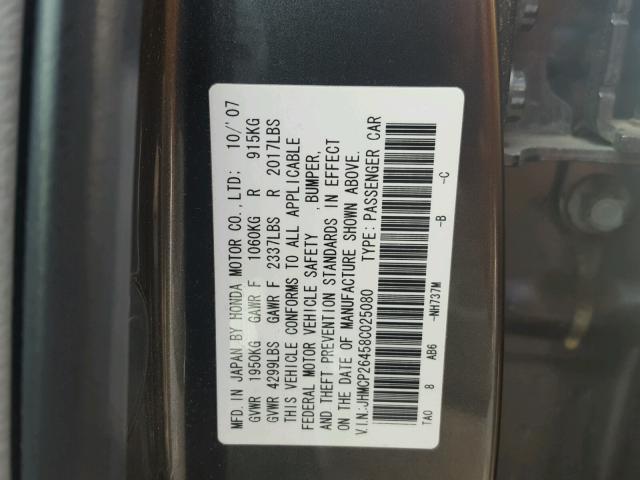 JHMCP26458C025080 - 2008 HONDA ACCORD LXP GRAY photo 10