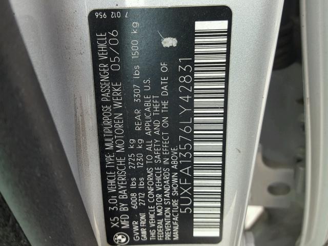 5UXFA13576LY42831 - 2006 BMW X5 3.0I SILVER photo 10