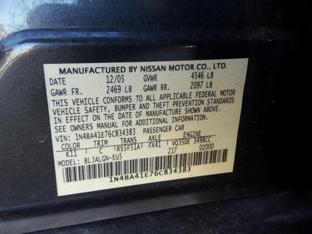 1N4BA41E76C834383 - 2006 NISSAN MAXIMA SE BLACK photo 10