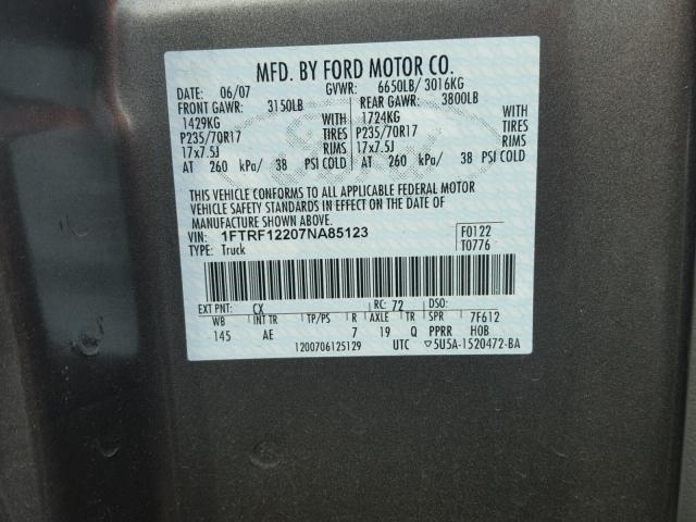 1FTRF12207NA85123 - 2007 FORD F150 GRAY photo 10