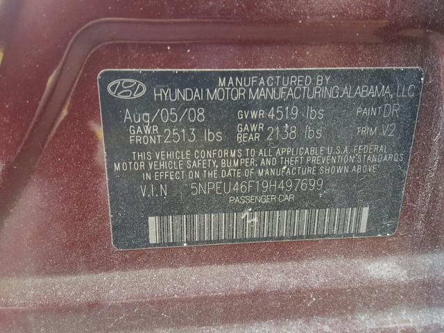 5NPEU46F19H497699 - 2009 HYUNDAI SONATA SE RED photo 10