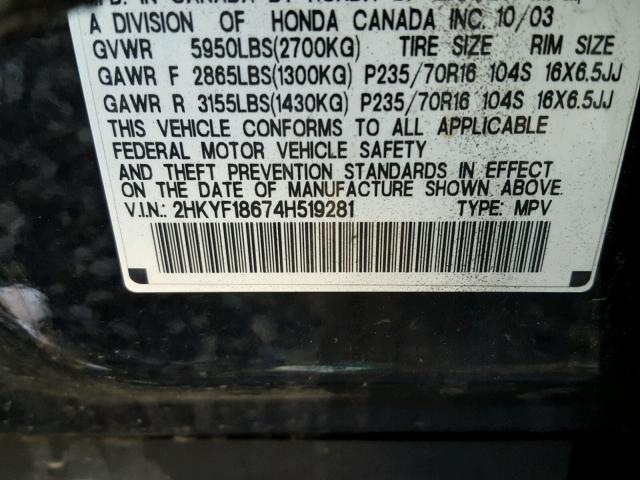 2HKYF18674H519281 - 2004 HONDA PILOT EXL BLACK photo 10