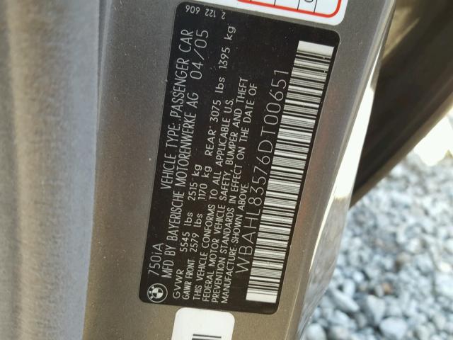 WBAHL83576DT00651 - 2006 BMW 750 I GRAY photo 10