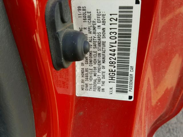 1HGEJ8244YL031121 - 2000 HONDA CIVIC EX RED photo 10