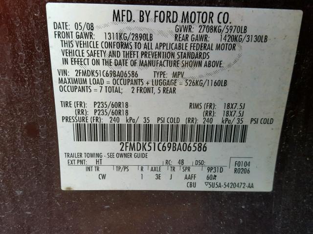 2FMDK51C69BA06586 - 2009 FORD FLEX SE MAROON photo 10