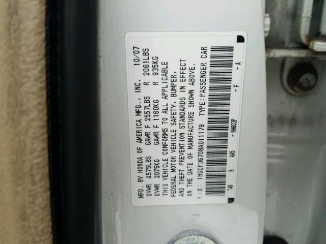 1HGCP36708A011179 - 2008 HONDA ACCORD EX WHITE photo 10