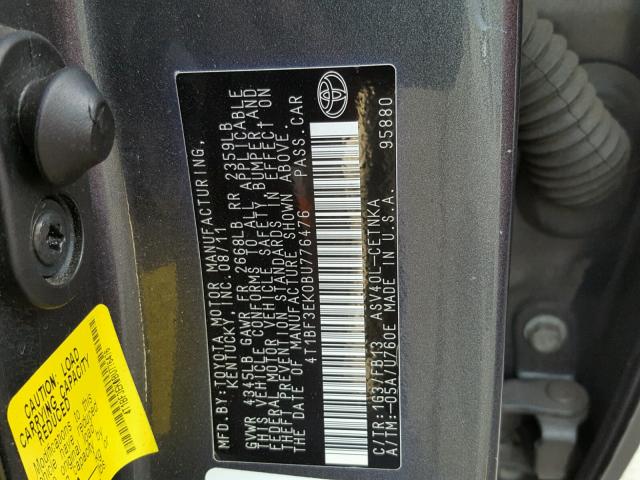 4T1BF3EK0BU776476 - 2011 TOYOTA CAMRY BASE GRAY photo 10