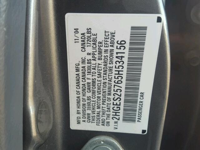 2HGES25765H534156 - 2005 HONDA CIVIC EX GRAY photo 10