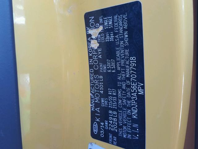 KNDJP3A56E7077918 - 2014 KIA SOUL + YELLOW photo 10