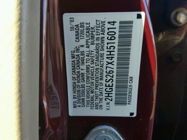 2HGES267X4H516014 - 2004 HONDA CIVIC EX ბურგუნდია ფოტო 10