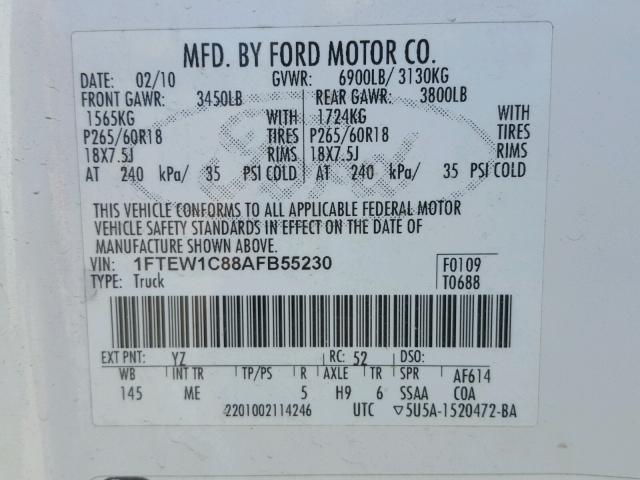 1FTEW1C88AFB55230 - 2010 FORD F150 SUPER WHITE photo 10