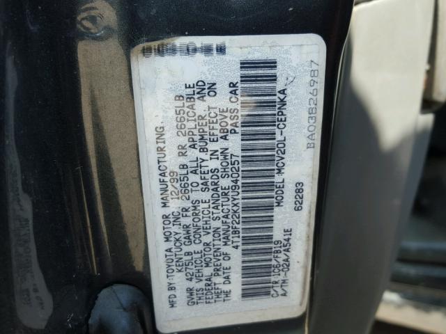 4T1BF22KXYU940257 - 2000 TOYOTA CAMRY LE GRAY photo 10