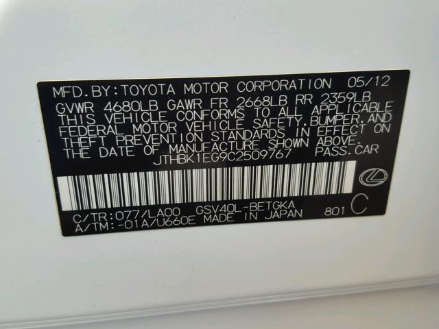 JTHBK1EG9C2509767 - 2012 LEXUS ES 350 WHITE photo 10