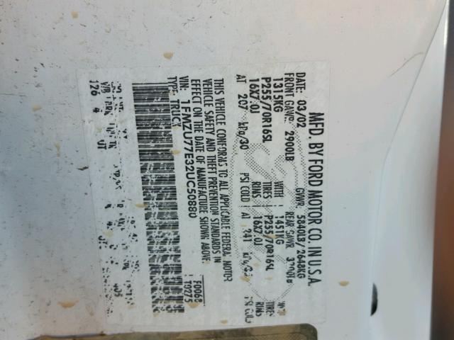 1FMZU77E32UC50880 - 2002 FORD EXPLORER S WHITE photo 10