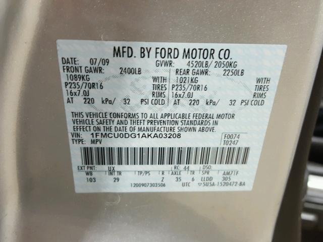 1FMCU0DG1AKA03208 - 2010 FORD ESCAPE XLT SILVER photo 10