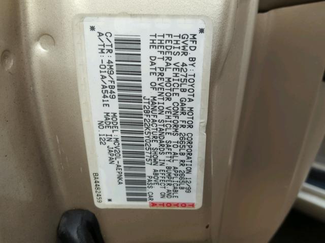 JT2BF22K5Y0257757 - 2000 TOYOTA CAMRY CE BROWN photo 10