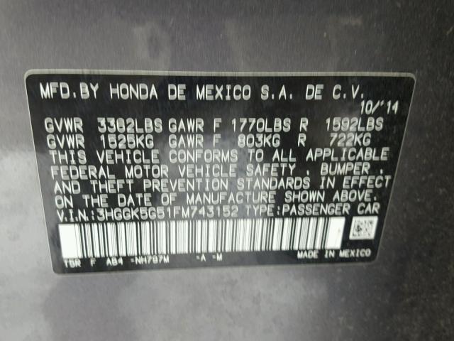 3HGGK5G51FM743152 - 2015 HONDA FIT LX GRAY photo 10