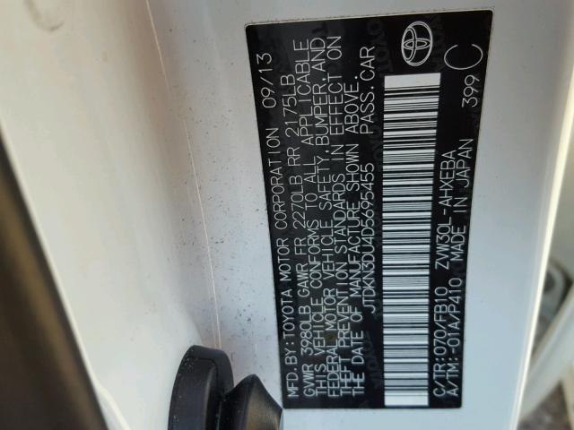 JTDKN3DU4D5695455 - 2013 TOYOTA PRIUS WHITE photo 10