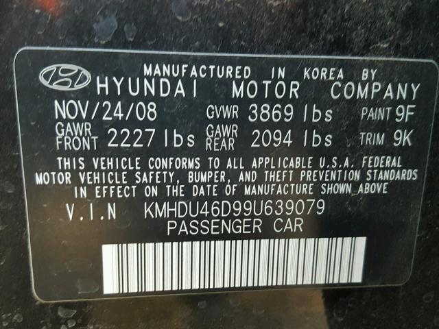 KMHDU46D99U639079 - 2009 HYUNDAI ELANTRA GL BLACK photo 10