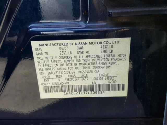 1N4CL21E37C209354 - 2007 NISSAN ALTIMA HYB BLUE photo 10