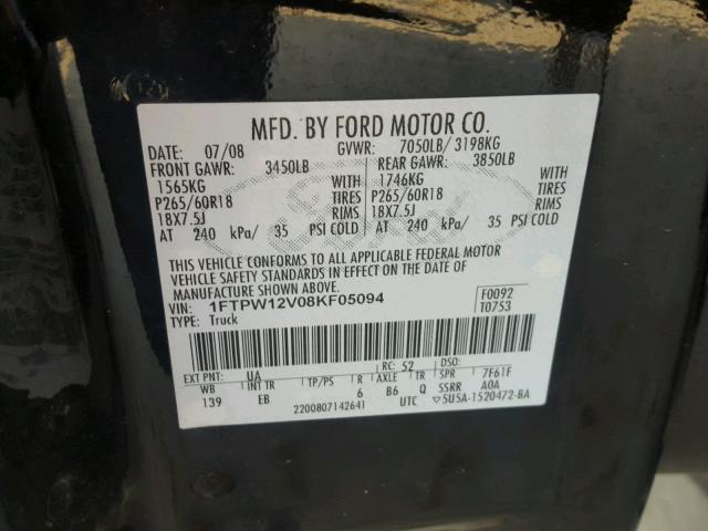 1FTPW12V08KF05094 - 2008 FORD F150 SUPER BLACK photo 10