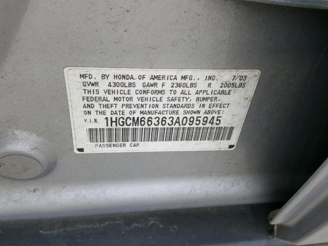 1HGCM66363A095945 - 2003 HONDA ACCORD LX SILVER photo 10