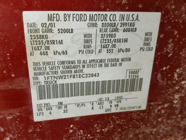 1FTNW21F81EC22843 - 2001 FORD F250 SUPER MAROON photo 10