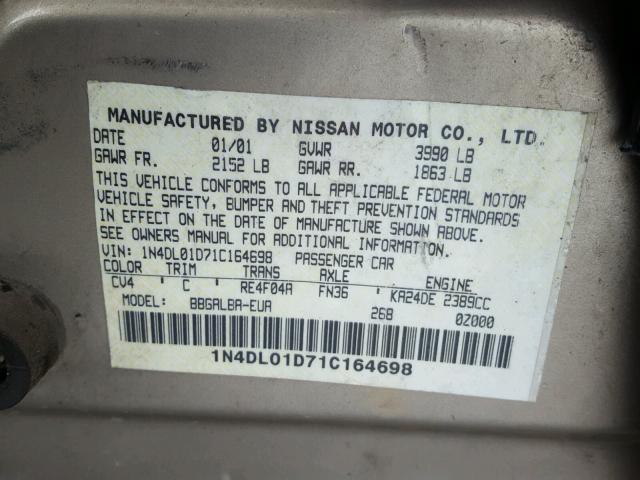 1N4DL01D71C164698 - 2001 NISSAN ALTIMA XE GOLD photo 10