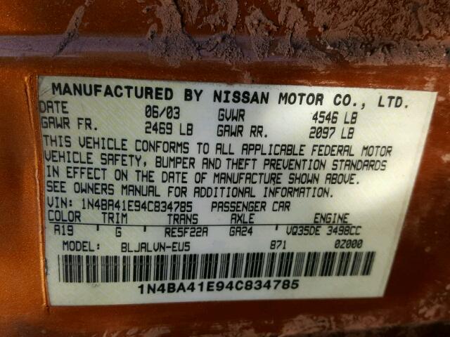 1N4BA41E94C834785 - 2004 NISSAN MAXIMA SE ORANGE photo 10