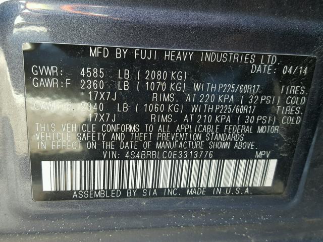 4S4BRBLC0E3313776 - 2014 SUBARU OUTBACK 2. GRAY photo 10