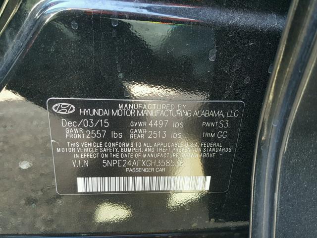 5NPE24AFXGH358536 - 2016 HYUNDAI SONATA SE BLACK photo 10