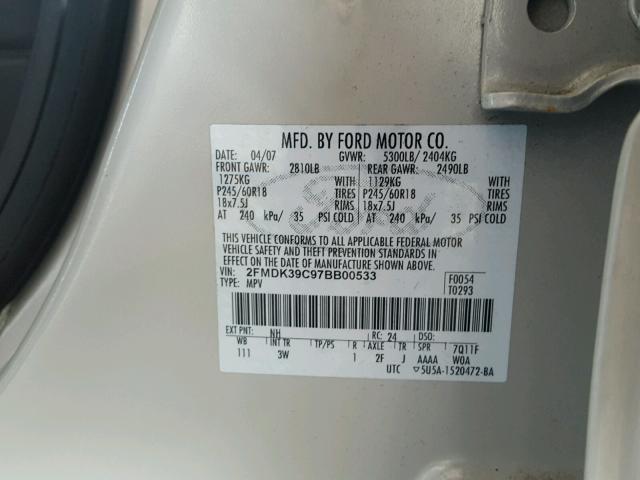 2FMDK39C97BB00533 - 2007 FORD EDGE SEL P CREAM photo 10