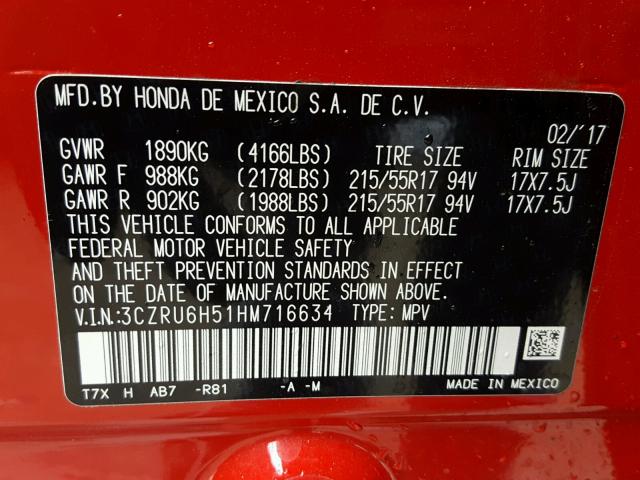 3CZRU6H51HM716634 - 2017 HONDA HR-V EX RED photo 10