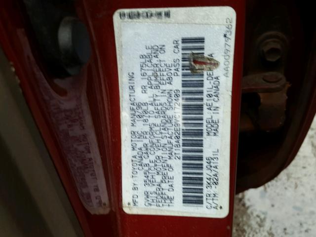 2T1BA02E9VC172409 - 1997 TOYOTA COROLLA BA RED photo 10