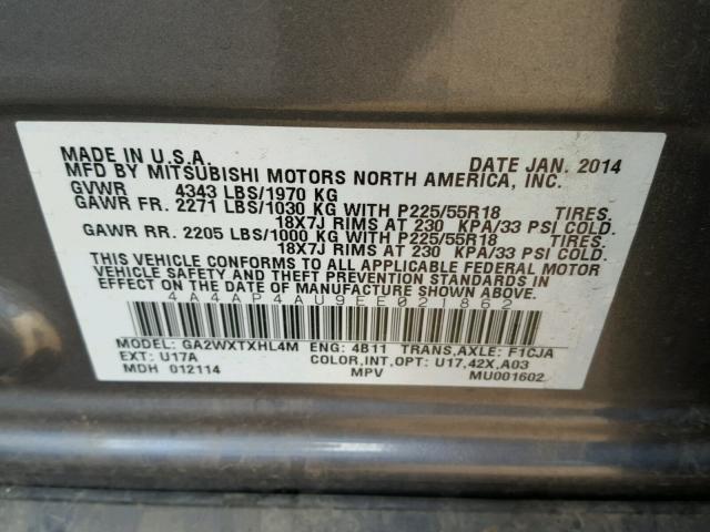 4A4AP4AU9EE021862 - 2014 MITSUBISHI OUTLANDER GRAY photo 10