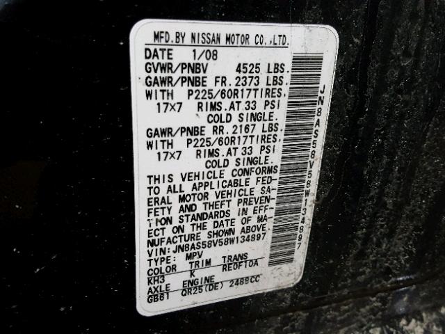 JN8AS58V58W134897 - 2008 NISSAN ROGUE S BLACK photo 10