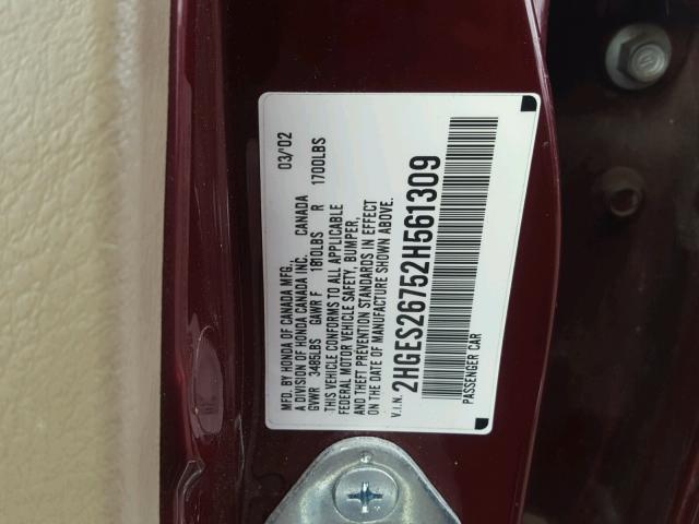 2HGES26752H561309 - 2002 HONDA CIVIC EX BURGUNDY photo 10