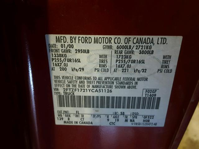 2FTZF1721YCA51126 - 2000 FORD F150 RED photo 10