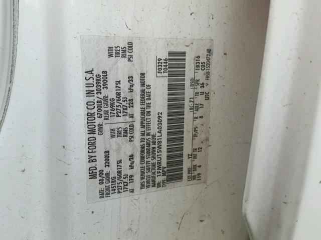 1FMRU15W81LA03092 - 2001 FORD EXPEDITION WHITE photo 10