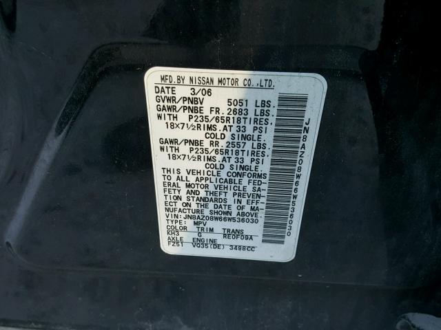 JN8AZ08W66W536030 - 2006 NISSAN MURANO SL BLACK photo 10