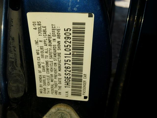 1HGES26751L052905 - 2001 HONDA CIVIC EX ლურჯი ფოტო 10